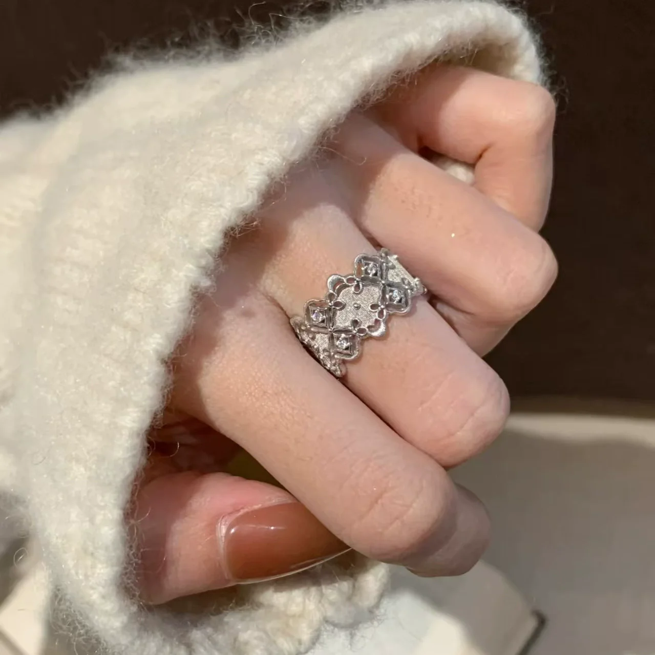 Lace Zircon Wide Rings For Women Girls Gentle Trendy Temperament Elegant Vintage Sweet Anniversary Jewelry Accessories