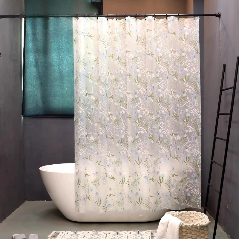 

Bathroom PEVA Shower Curtain Floral Printed Waterproof Bathtub Bathing Curtains with Hooks Semi-transparent
