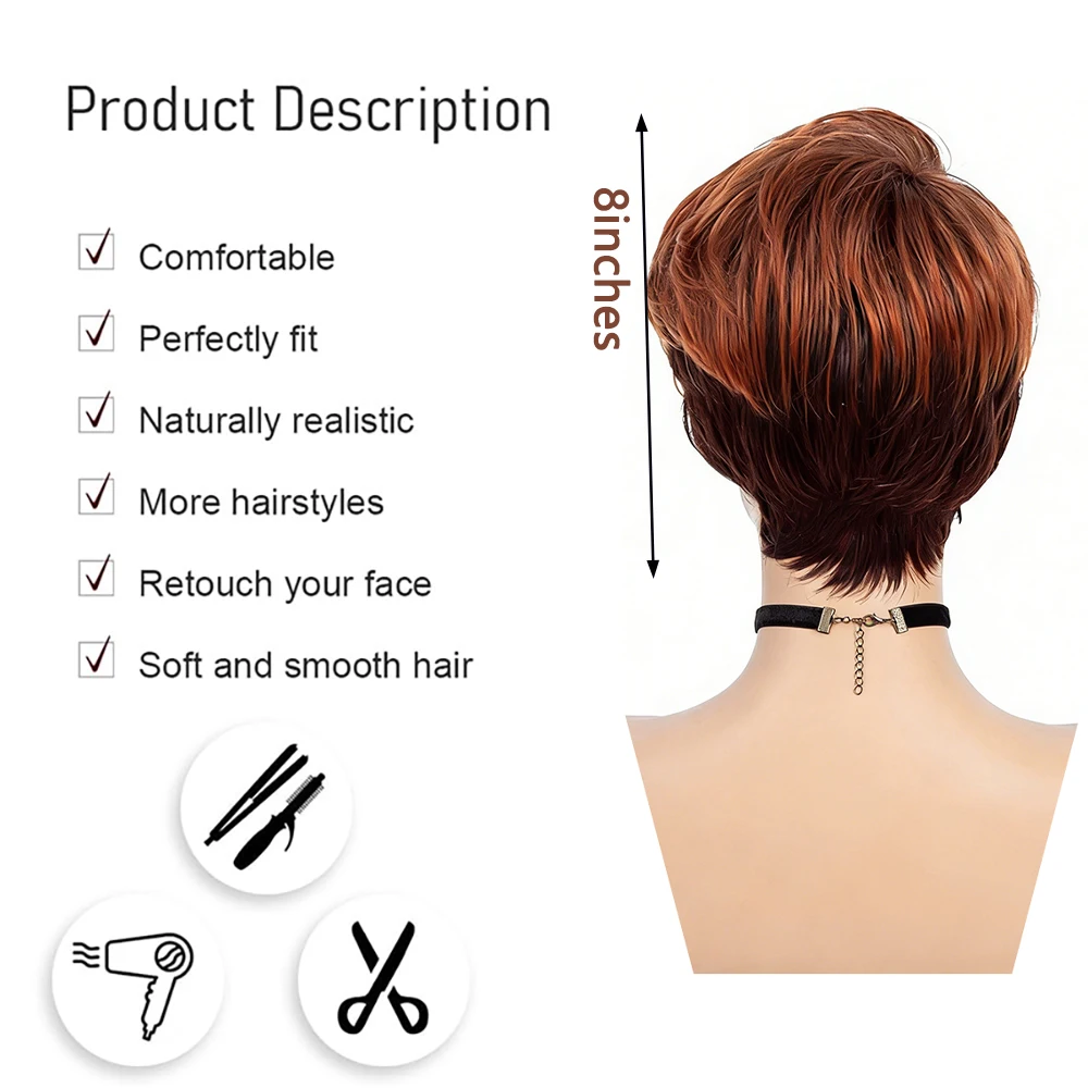 Ombre Brown Short Pixie Wig For Women Dark Roots Copper Red Layered Wavy Wig Soft Synthetic Heat Resistant Hair Daily Cosplay