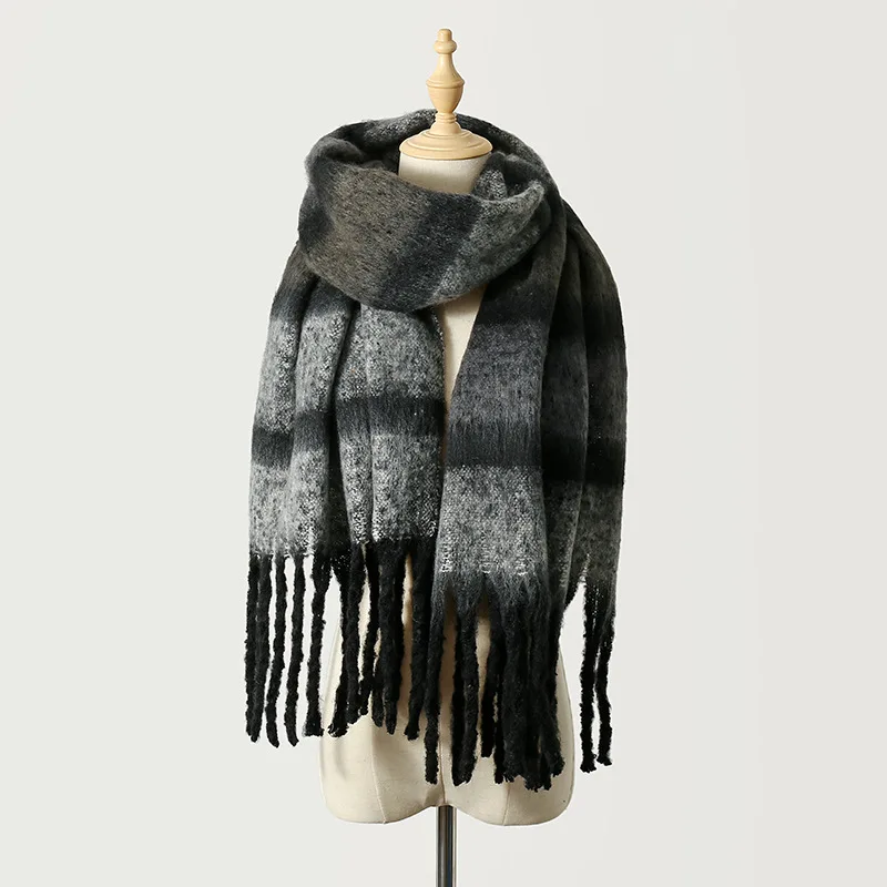 New Fashionable Trend Winter Plaid Scarf Women Luxury Brand Imitation Cashmere Thickened Warm Tassel Rainbow Color Shawl