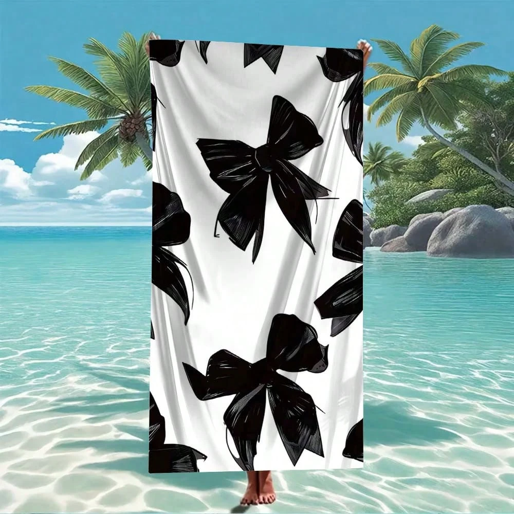

1 шт., быстросохнущее пляжное полотенце из полиэстера с черно-белым бантом, с 2D-принтом, всесезонное, легкое, мягкое, унисекс для плавания/серфинга/купиома