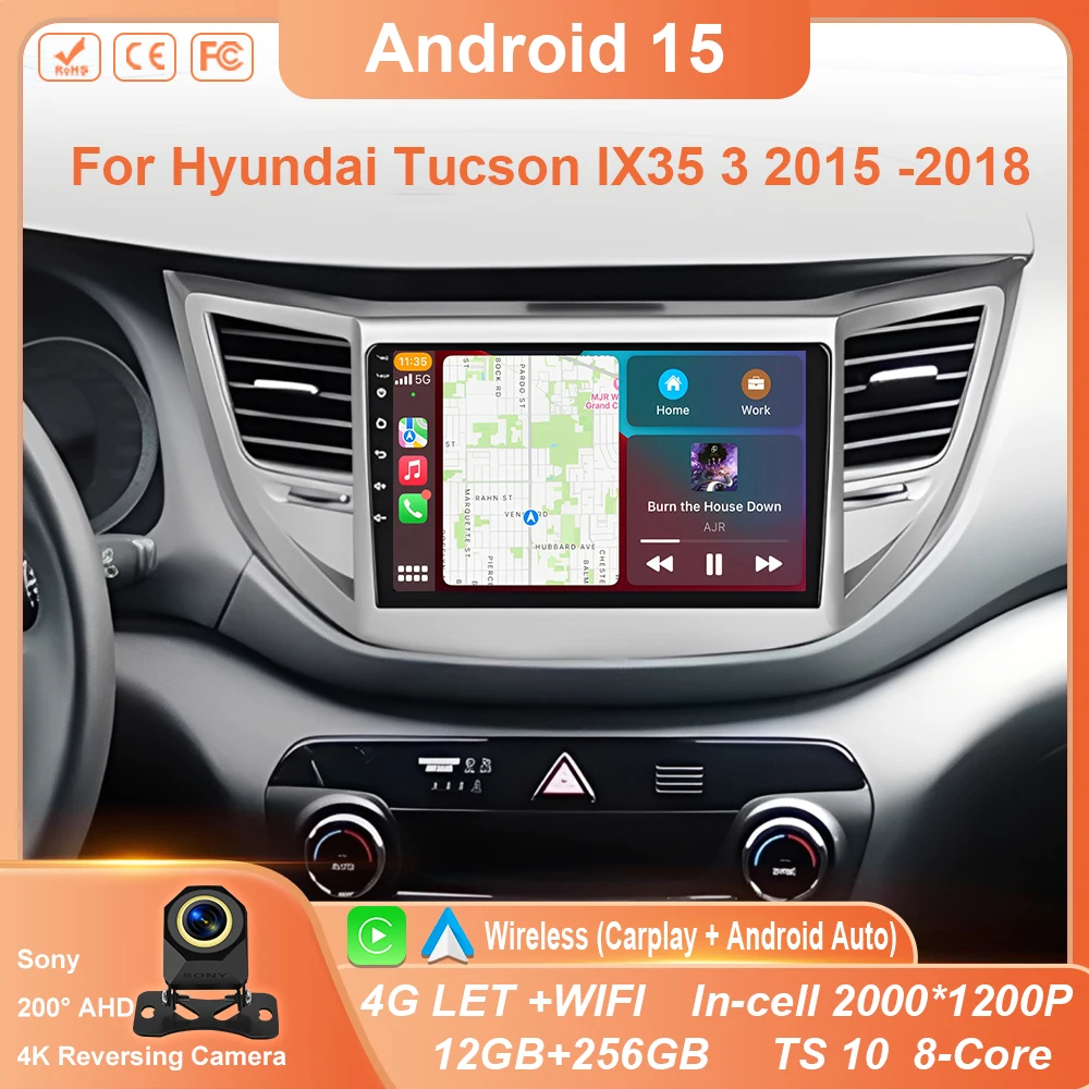 أندرويد 15 Carplay راديو السيارة لشركة هيونداي توكسون IX35 3 2015 2016 2017 2018 الوسائط المتعددة مشغل فيديو الملاحة نظام تحديد المواقع رئيس وحدة WIFI