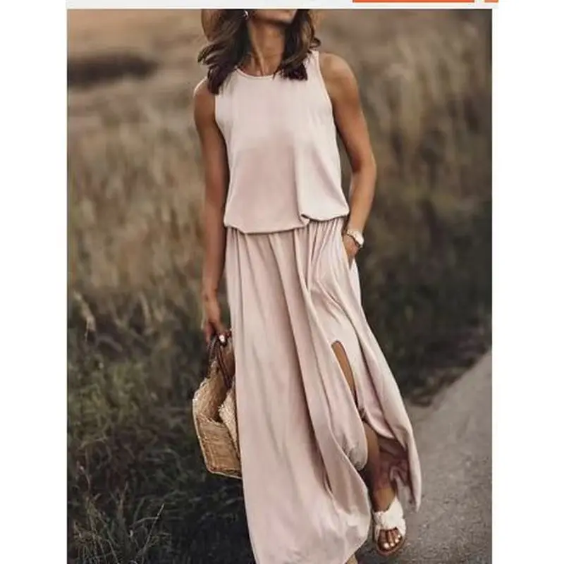 فستان نسائي بدون أكمام برقبة مستديرة متعدد الألوان بتصميم مشقوق، تنورة متوسطة الطول بأسلوب عملي، مصنوع من البوليستر، بدون علا...