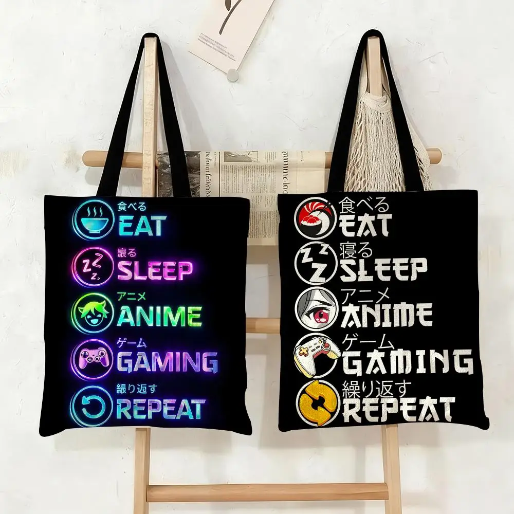 Eat Sleep Game Repeat Storage Bags Canvas Tote Bag Large Capacity Double-Sided Print Reusable Shopping Bag Shoulder Bag