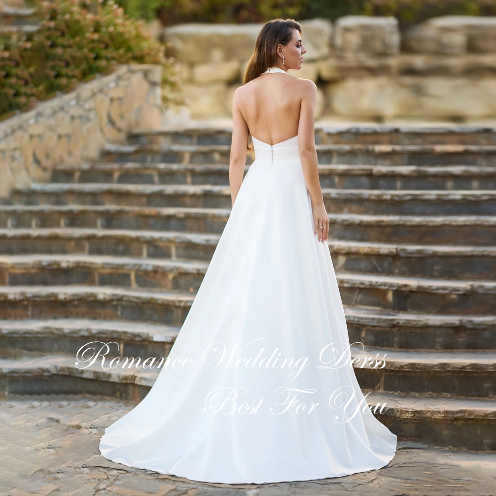 Elegant Halter Flower A-Line Wedding Dress 2026 Women Sleeveless Open Back Sweep Train Bridal Gown Vestidos De Novia Customized
