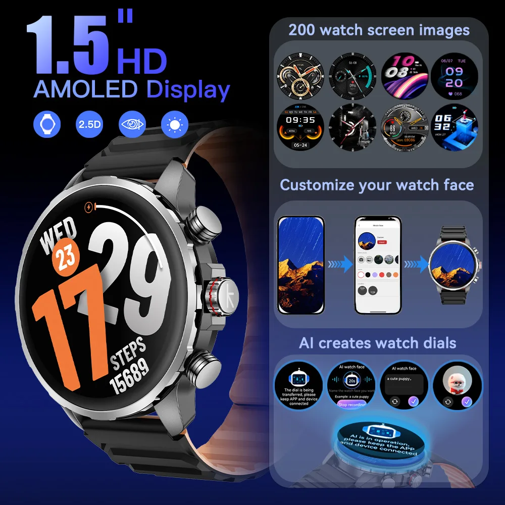 Kieslect Kr 3 Smartwatch 1.5 "FHD AMOLED عرض 5ATM مقاوم للماء GPS جهاز تعقب للياقة البدنية شاشة لمس رقمية ساعة اليد