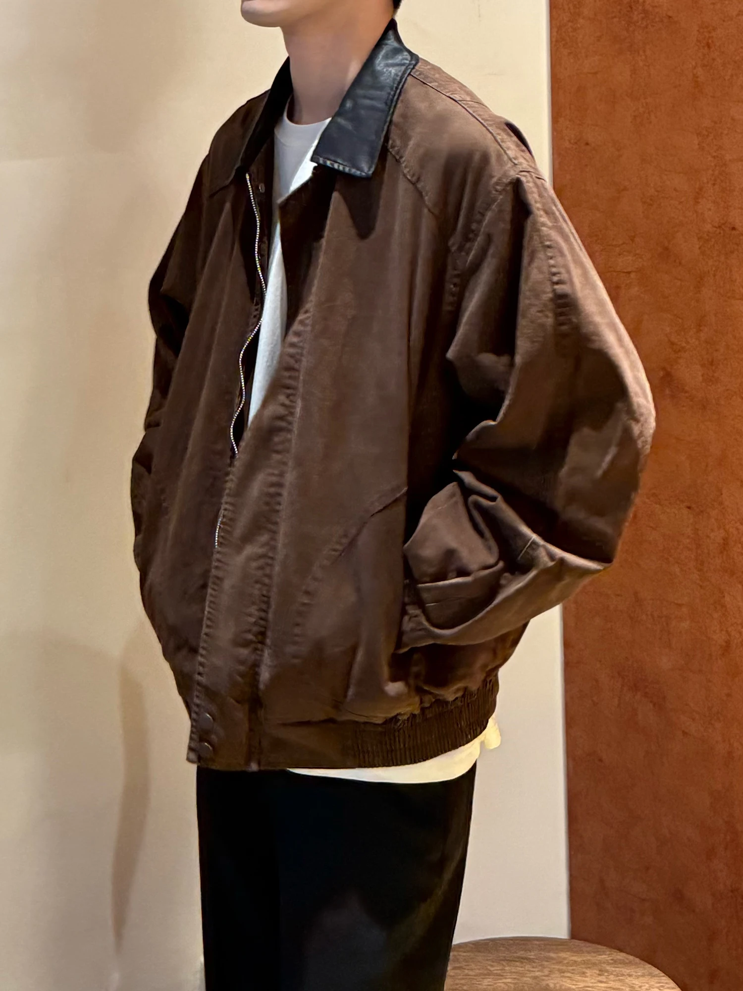 الرجعية الأمريكية Waed ياقة جلدية Jaet الرجال فضفاضة تناسب عادية ربيع الخريف ملابس خارجية الشباب Sle مستقيم هملين