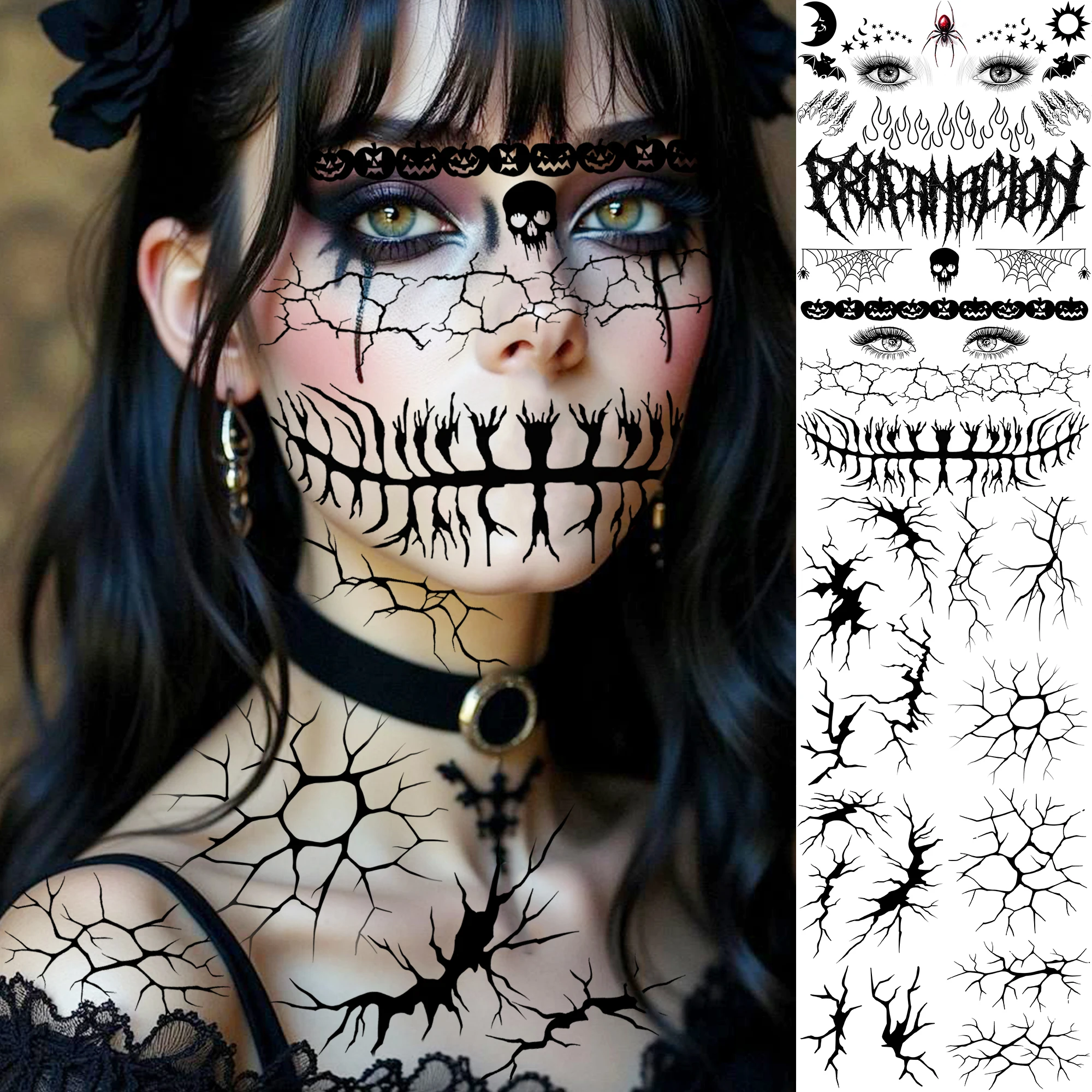 6 Sheets Scary Spider Crack Lightning Bolt Stitch Mouth Halloween Face Temp Tattoos, Last Long Waterproof Realistic Fake Tattoos