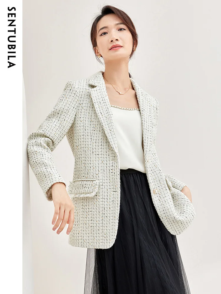 Sentubila-Blazer feminino de alfaiate de peito único, jaqueta elegante de Tweed manga comprida, senhora do escritório, 133X51279, outono, 2023