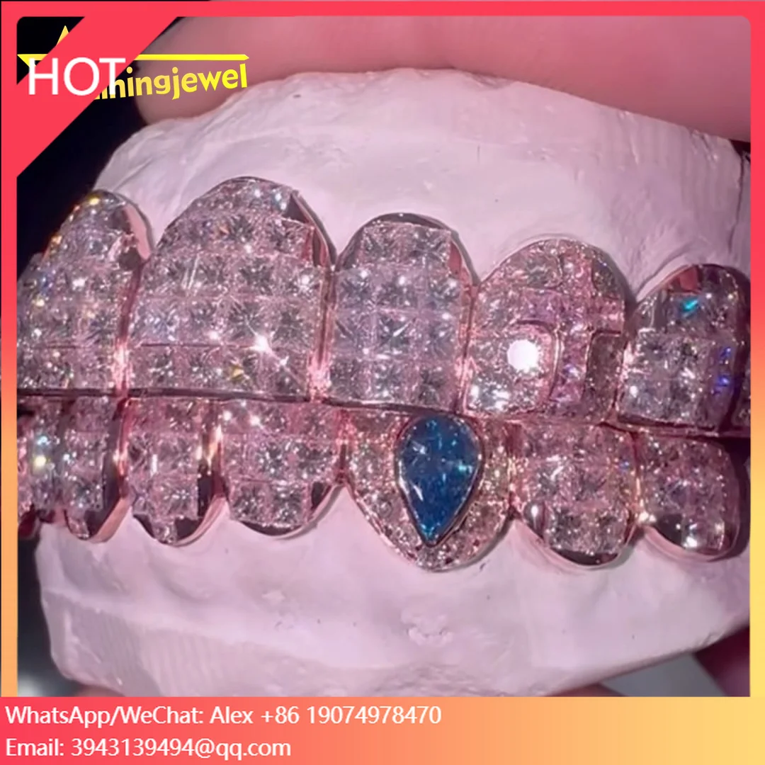 

Hop Jewelry 925 Silver D VVS Princess Cut Moissanite Grillz Custom Iced Out High Quality Teeth Grillz For Men Women