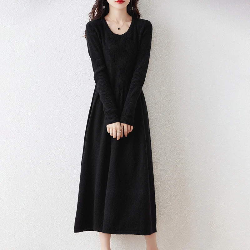 Round Neck Cashmere Dress Women\'s Long Pullover Sweater Autumn And Winter New Knitted Over-The-Knee 100% Pure Wool Skirt