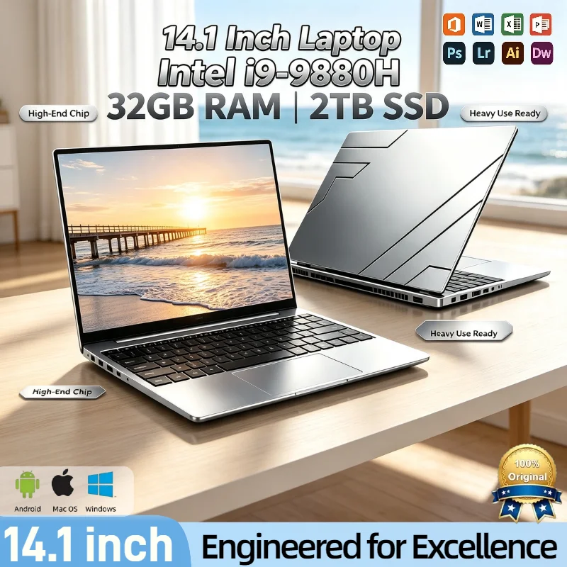 2026 14.1 Inch Ultra Thin Laptop Intel I9-9880H 16GB 32GB RAM 2TB SSD Portable Business Notebook Pro Max Speed Elite Plus