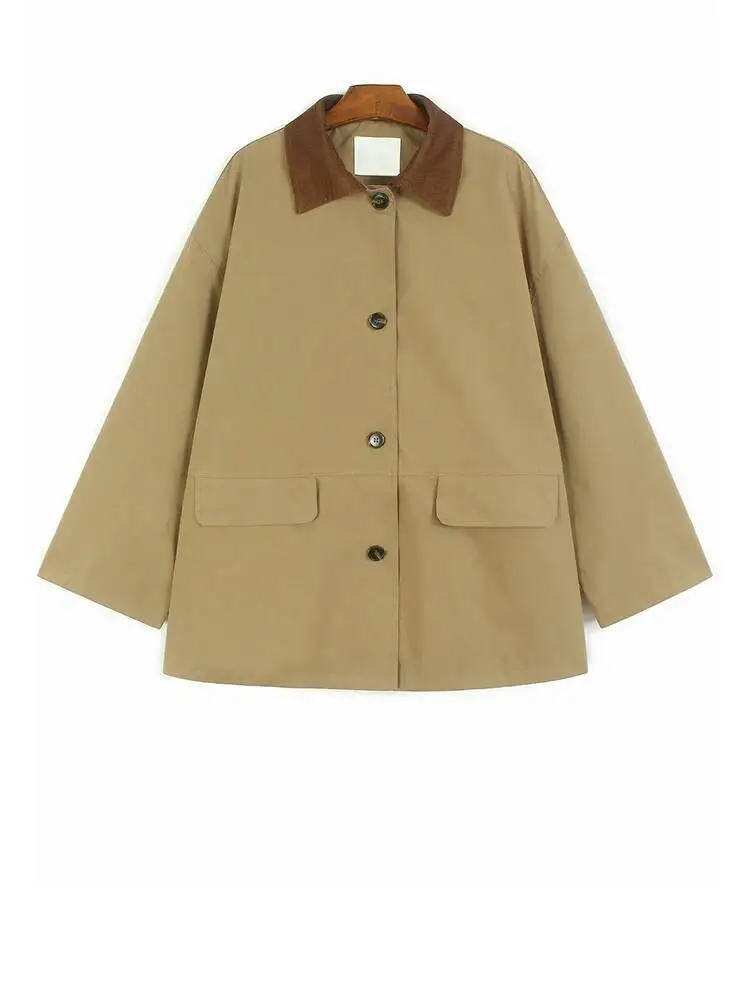 

Khaki Corduroy Spliced Big Size Casual Jacket New Lapel Long Sleeve Women Coat Fashion Tide Spring Autumn