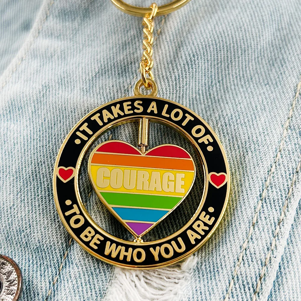 Courage Rotating Keychain Gay Pride Rainbow Key Ring LGBTQ Pendant It Takes A Lot Of Courage To Be Who You Are