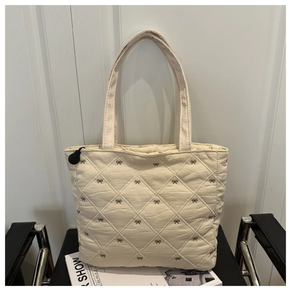 Fashion Large Capacity Quilted Tote Bag Solid Color Bow Embroidery Shoulder Bag Argyle Pattern Lightweight Zipper Bag