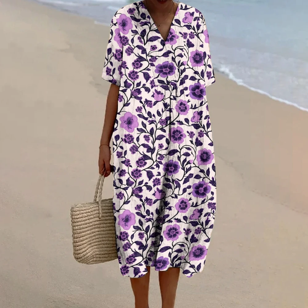 

Purple Flower Print Dress Womens Beach Printed-Dress Vivid Blooms Women's Vacation Versatile Wear Causal Beach Vibes Long Dress