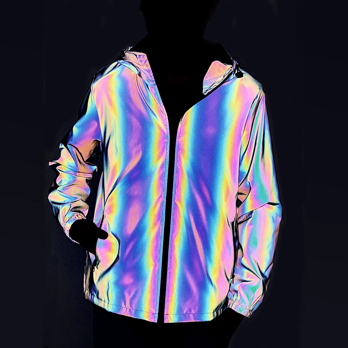 

Ночная светоотражающая куртка, мужская модная уличная одежда в стиле хип-хоп с градиентом, уличная ветрозащитная светящаяся безопасная куртка с капюшоном для бега и велоспорта