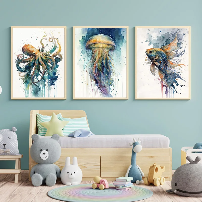 Watercolor Turtle Jellyfish Shark Octopus Fish Poster Canvas Painting Ocean Wall Art Picture for Living Room Home Decor Cuadros