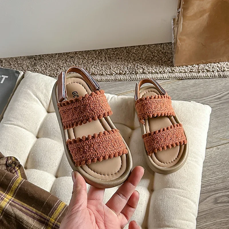 Children's Sandals Sweet Girls Summer Shoes Fashion Causal Kids Princess Solid Color Open-toe Beach Sandals Soft Soled Hook Loop