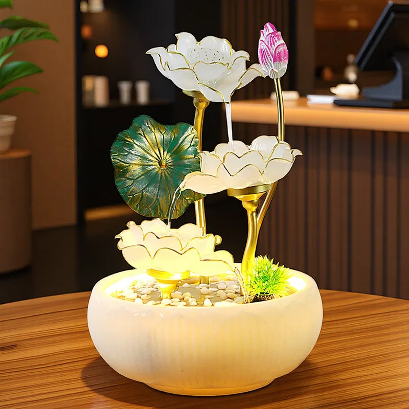 

New Chinese Style Mini Lotus Water Fountain Zinc Alloy Eco Friendly Desktop Ornament For Office Home And Business Decor