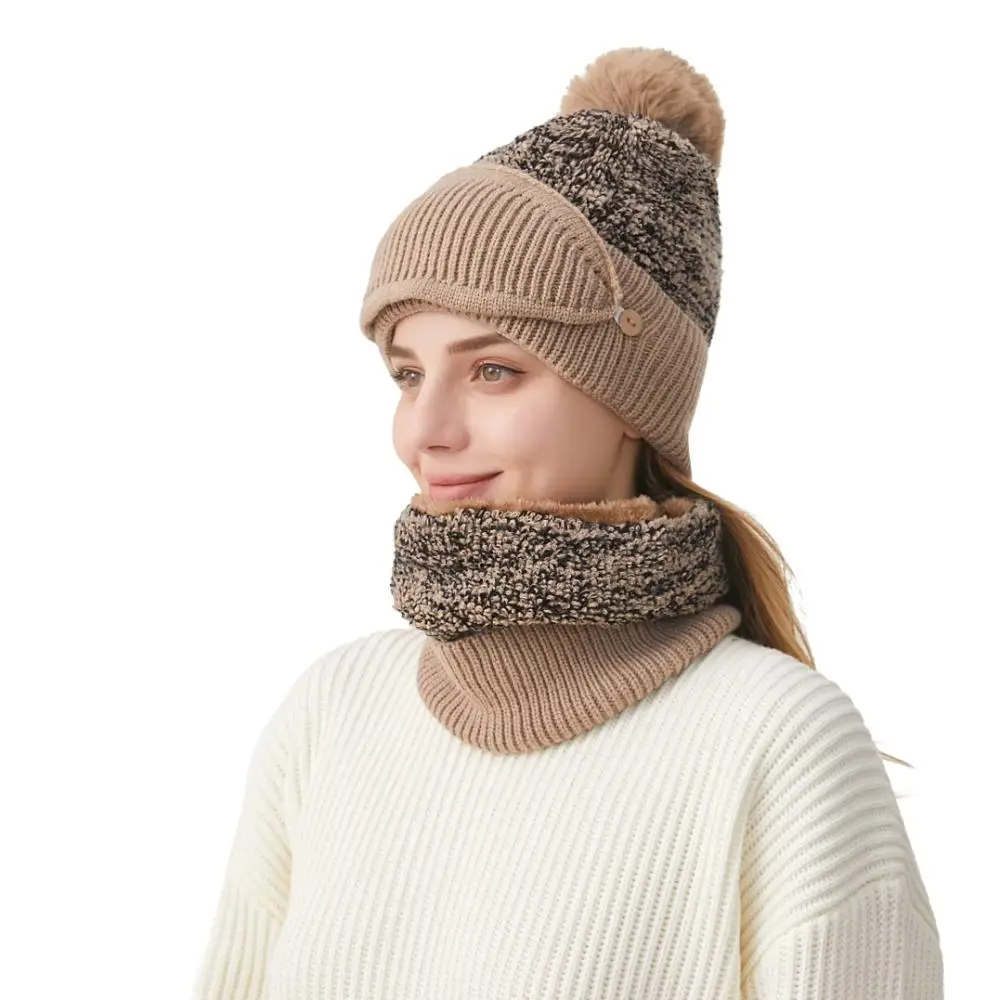 Windproof 3 in-1 Winter Beanie Hat with Pompom Slouchy Knitted Hooded Neck Gaiter and Mask Warm Fleece Lined Skiing Hat Set