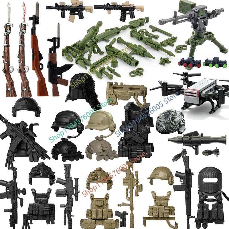 Military Soldier Figures Accessories Building Blocks Special Forces Helmet Bulletproof Vest  Rifle Gun 3D Printed Bricks Toy T36