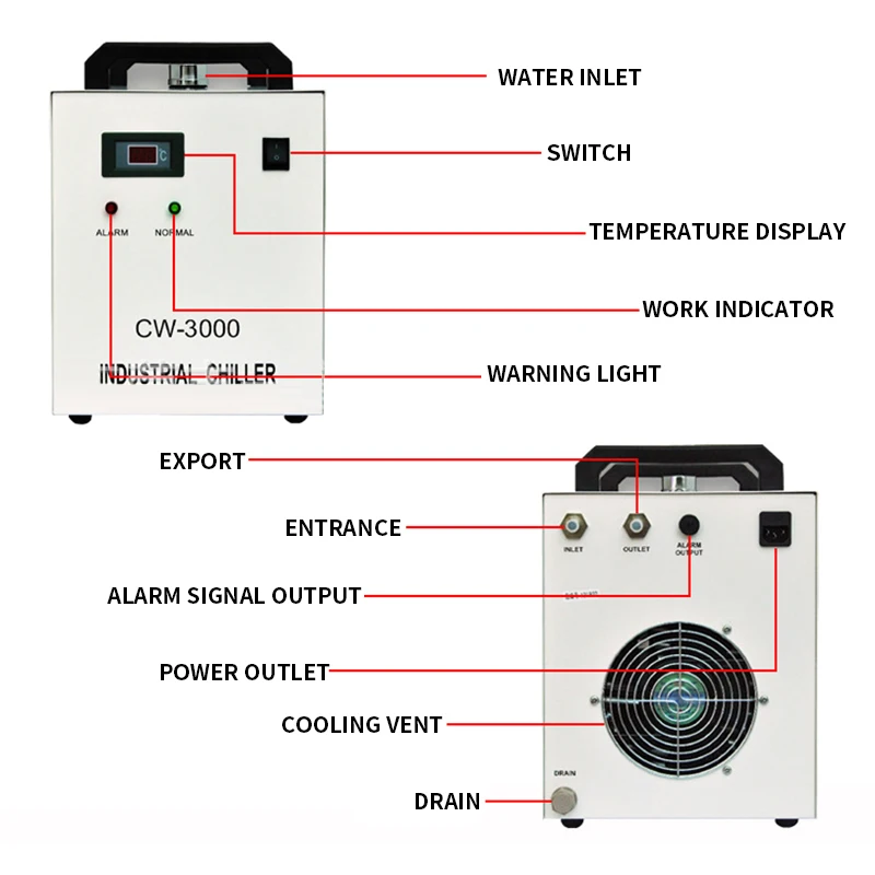 Mesin ukir Laser CW-3000AG 9L, pendingin air industri Thermolysis 60W/80W tabung kaca CO2 pendingin poros CNC