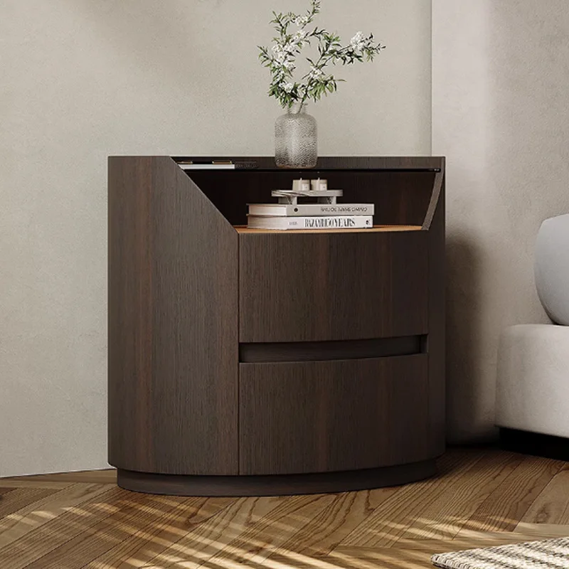 Italian minimalist solid wood bedside table high-end saddle skin smoked wood leather glass oval designer storage bedside table