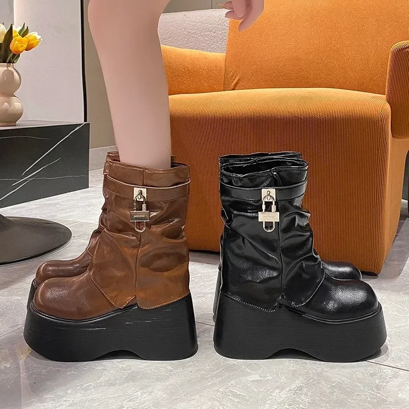 9CM Women's High Platform Motorcycles Boots Winter Wedge Heels Mid-calf Boots Female Chunky Sneakers Autumn Leather Boots Woman