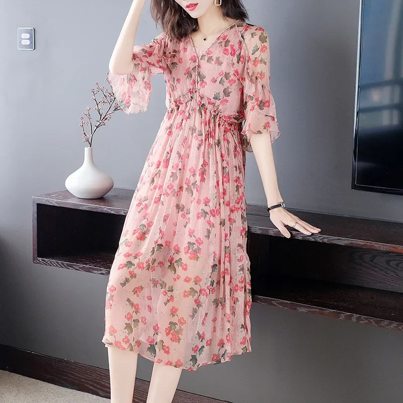 

High Quality 100% Silk Summer Dress 2024 Elegant Floral Ladies Dresses Korean Midi Dress For Women Vestido De Mujer Pph3915