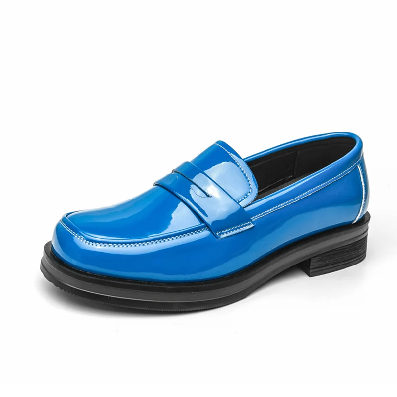 Men Bright Glossy Penny Loafers Square Toe Thick Block Heel Slip On Patent Leather Dress Shoes For Wedding Party Business Daily