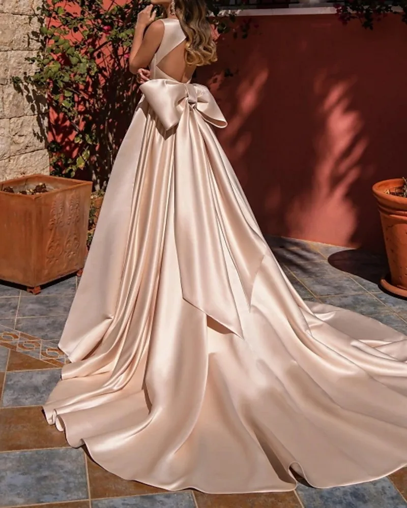 진주 핑크 이브닝 약혼 드레스, 스퀘어 넥, 큰 활 새틴 무도회 파티 가운, 맞춤형 Abendkleider, 신제품