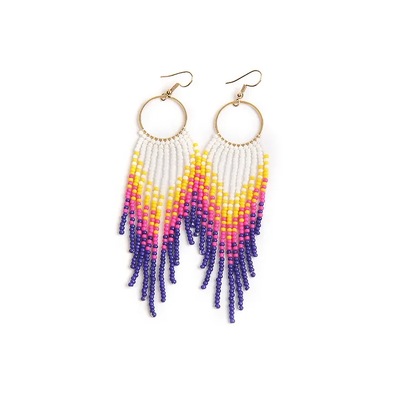 Fringe Earrings  Hand knitting  Beading  Bohemia  Gradient  Circles  Versatile  geometry  alloy  ma'am  Rice Bead Earrings