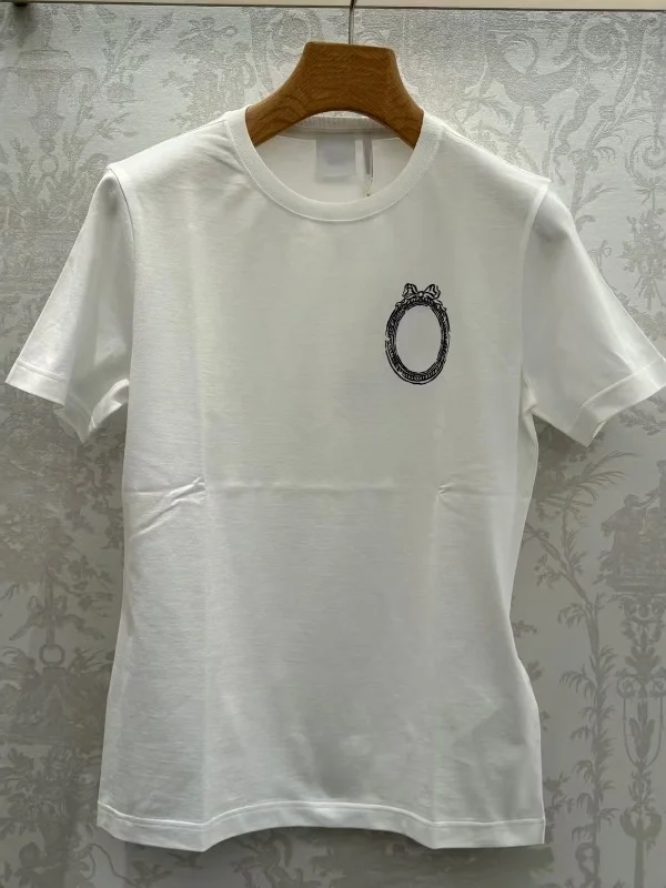 

Stylish Embroidered round Neck T-Shirt Women's Summer New Fashion Color Block Slimming White Top Cotton Breathable Short Sleeve
