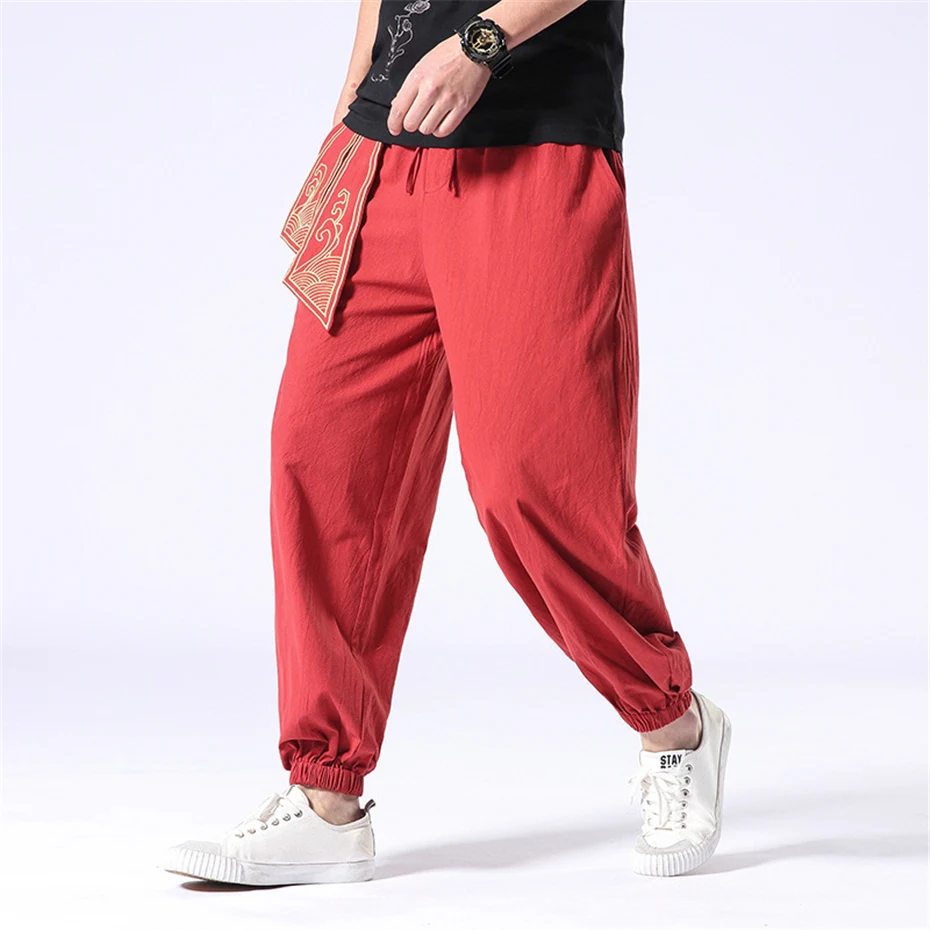 Harem Pants Men Jogger Sweatpants Fashion Casual Chinese Style Pants Belt Design Trousers Elastic Waist