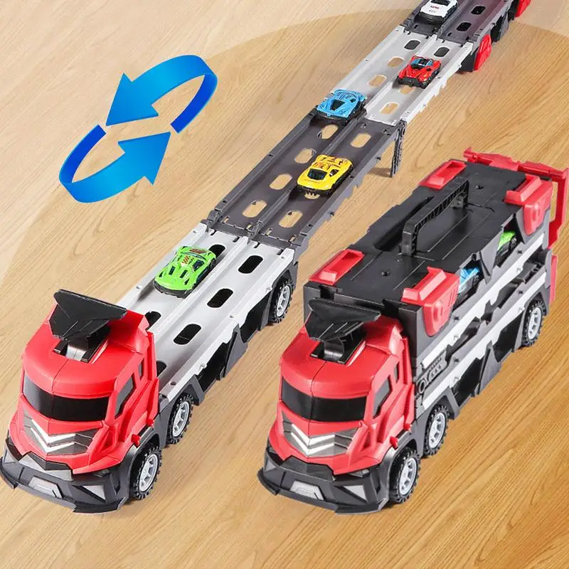 Mega Hauler Truck with Ejection Race Track Foldable Transport Truck Car Toy Deform Catapulting Toy Car Hauler with 6 Racing Cars