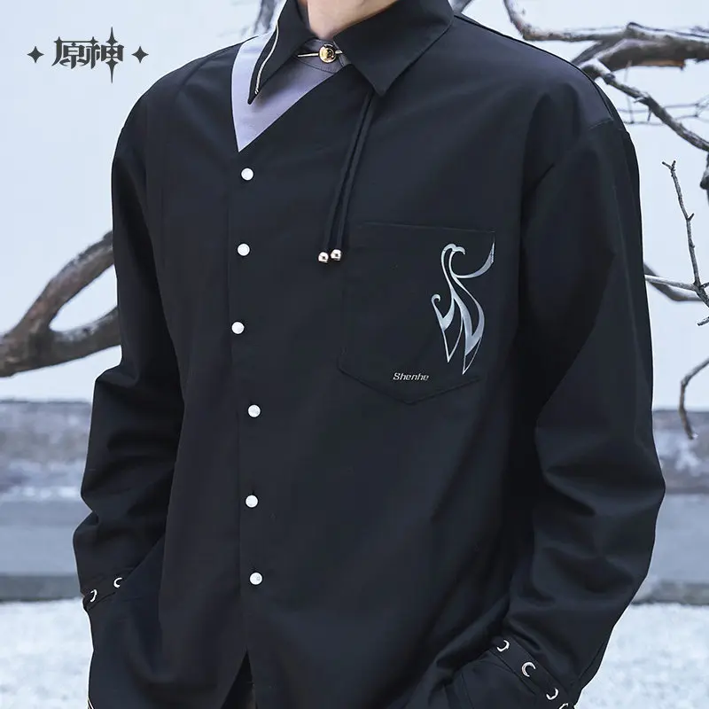 MiHoYo Official Shenhe Casual Shirt Genshin Impact Cosplay Costume Men's Black Daily Long Sleeved Shirt Tops HW Gift