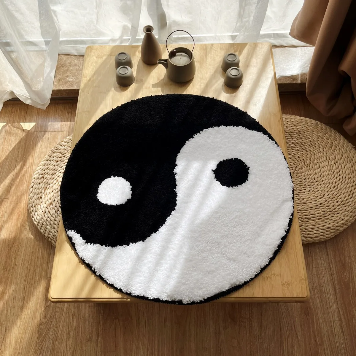 AGILESTAR Taiji Symbol Tufted Rug, Round Non-Slip Accent Flocking Mat, Black White Balance Art for Meditation Room
