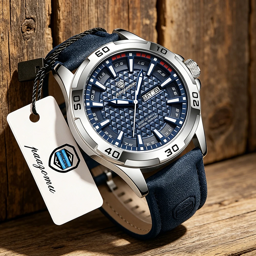 PAAZOMU relógio masculino original, luxuoso, à prova d'água, luminoso, com data e semana, relógio de quartzo, couro, moda masculina, reloj hombre