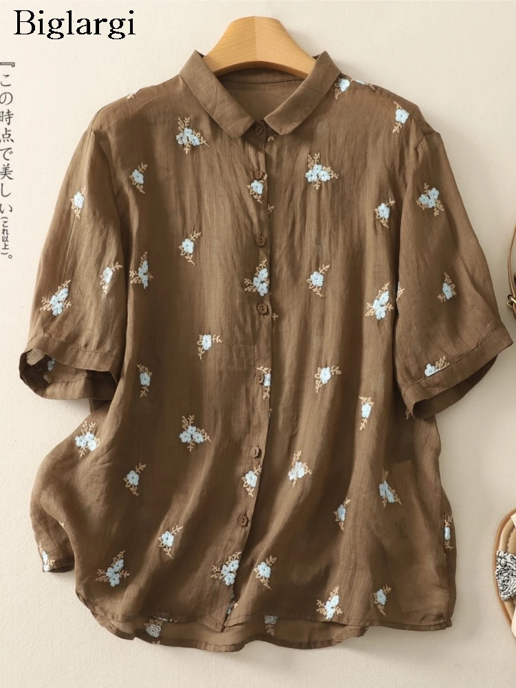 

Oversized Summer Shirts Women Flower Floral Embroidery Fashion Short Sleeve Ladies Blouses Casual Loose Woman Shirts