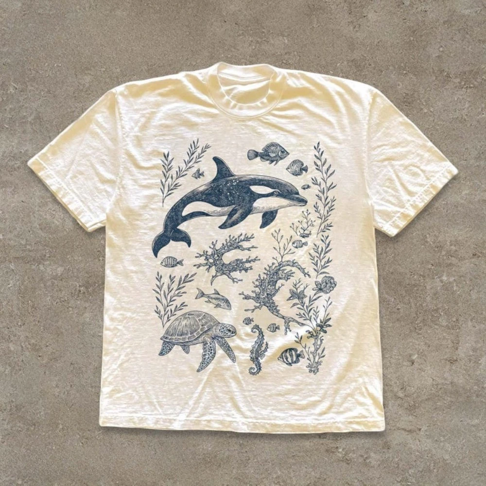 Vintage Ocean Unisex T-Shirt Orca Whale & Sea Turtle Graphic Tee Sealife Aesthetic Retro Sea Animal Tops Marine Biology Gift