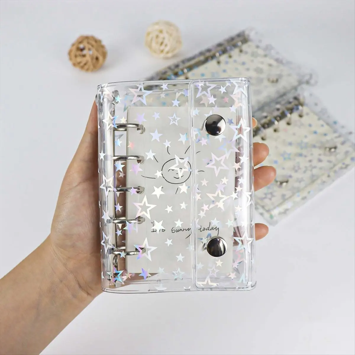 Latest ABBQ-A8 Budget Binder Cover Clear PVC 5 Ring Binder Glitter Star Refillable Notebook Shell Protector with 2 Snaps