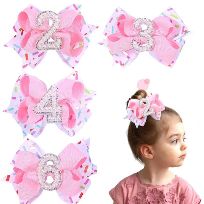24pcs Pink 5-Inch Baby Girls Hair Clips with Pearl Number Ribbon Bows Barrettes Hairpin - Birthday Party Headwear for Girls Bulk