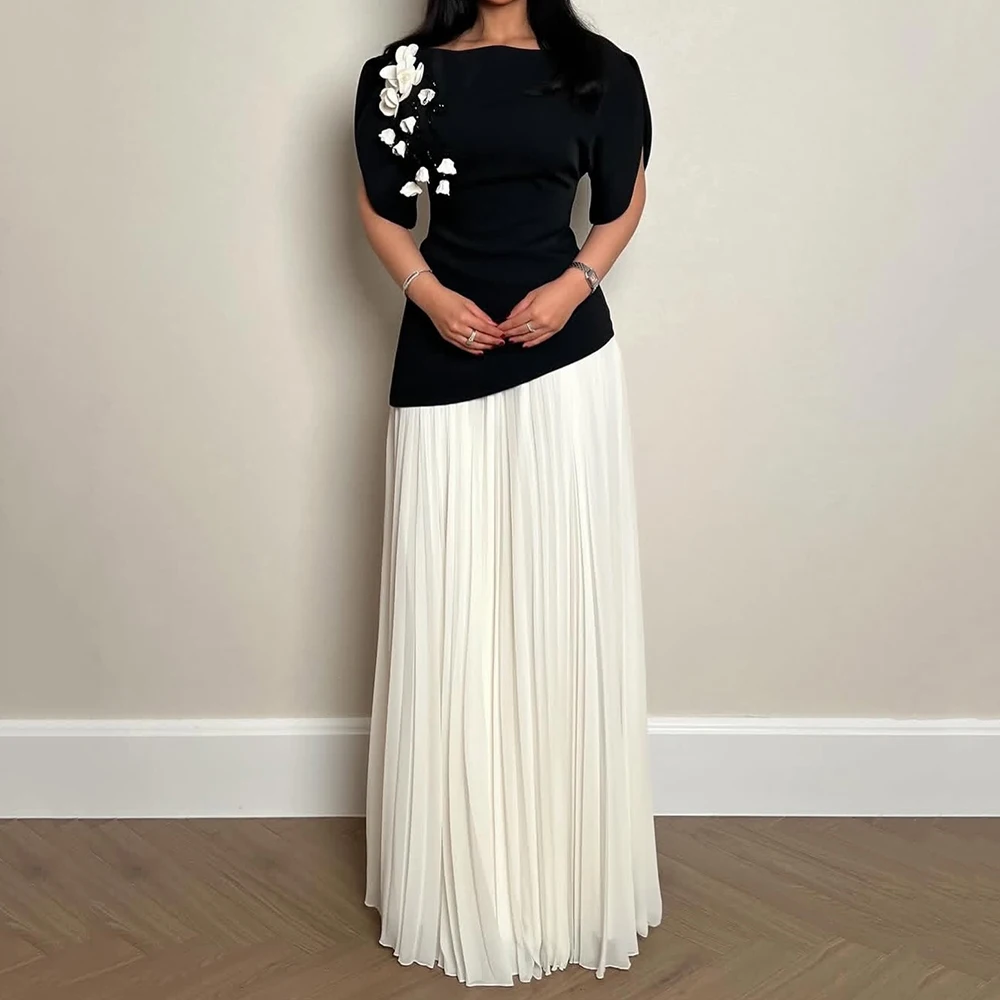 

Women's A-line Evening Dresses Floor-length Boat Neck Sleeveless Prom Gown Fashion Flowers Crystal Draped Customized Gowns