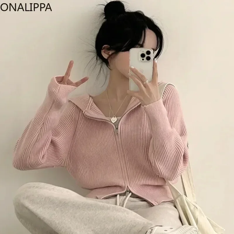 Onalippa Hooded Solid Pit Striped Knitted Cardigan Double Zippers Long Sleeves Cardigans Korean Fashion All Match Loose Sweater