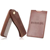Men's Pocket Comb Folding Wooden Beard Comb with Leather Case Sandalwood Hair Combs Set for Men Perfect For Use With Beard Balm