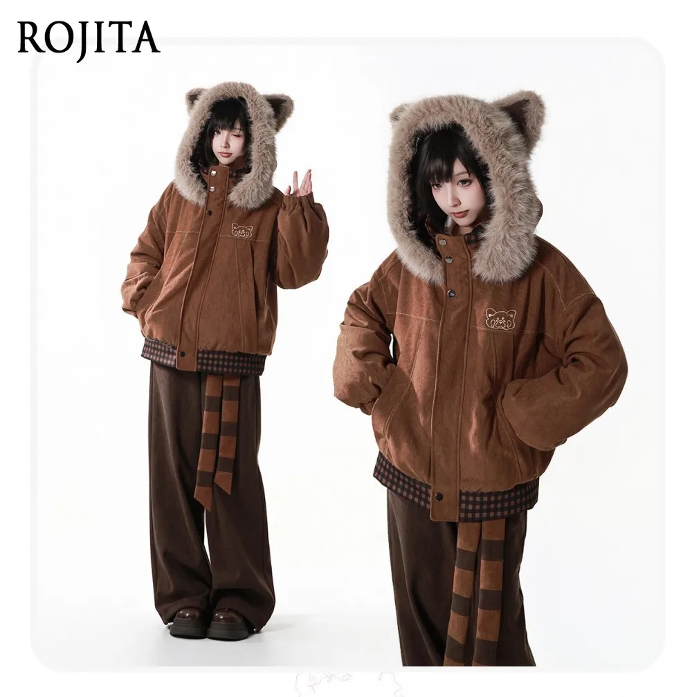 

Brown Corduroy Fluffy Faux Fur Collar Coat Winter Little Panda Ear Hooded Coat Cartoon Embroidered Striped Belt Brown Trousers