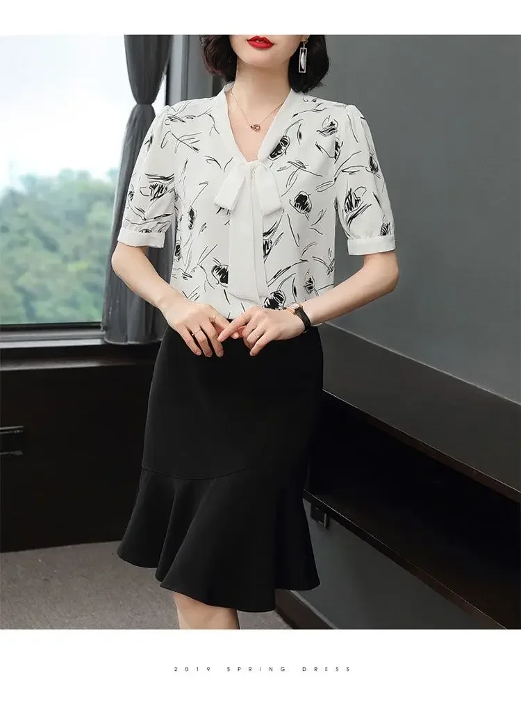 Chemise en mousseline de soie florale pour femmes d'âge moyen, à la mode et à la mode, avec nœud, banderole, manches courtes, nouvelle collection