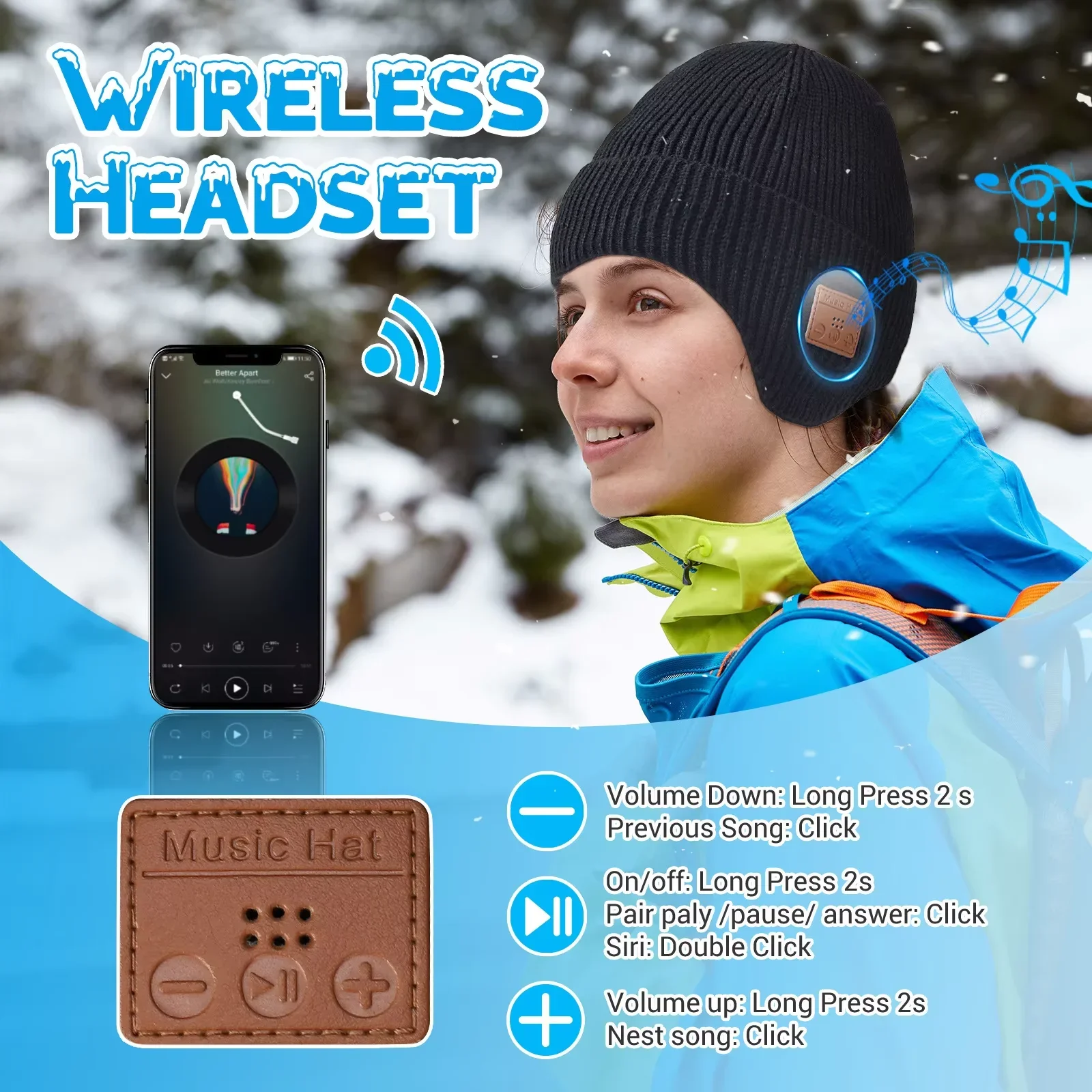 

Warm Beanie Wireless Headphones Bluetooth 5.4 RGB Light Rechargeable Thick Thermal For Winter Outdoors