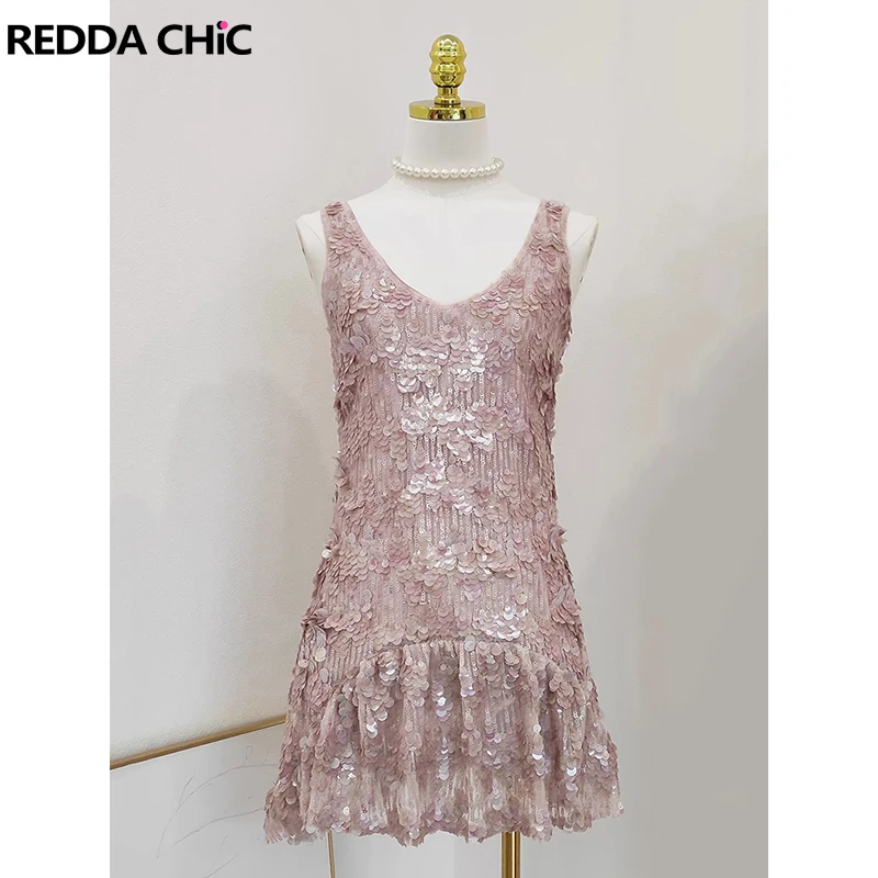 

Женское платье ReddaChic с пайетками и сеткой, в стиле фейрикор, с блестками, V-образным вырезом, без рукавов, А-силуэт, с оборками, мини, цельное, летняя одежда